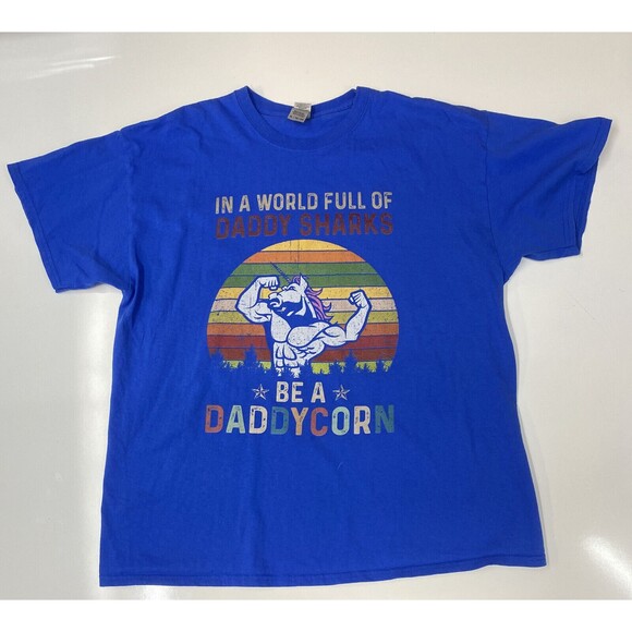 Be A DaddyCorn in a Daddy Shark World blue short sleeve graphic t shirt size XL - Picture 1 of 11